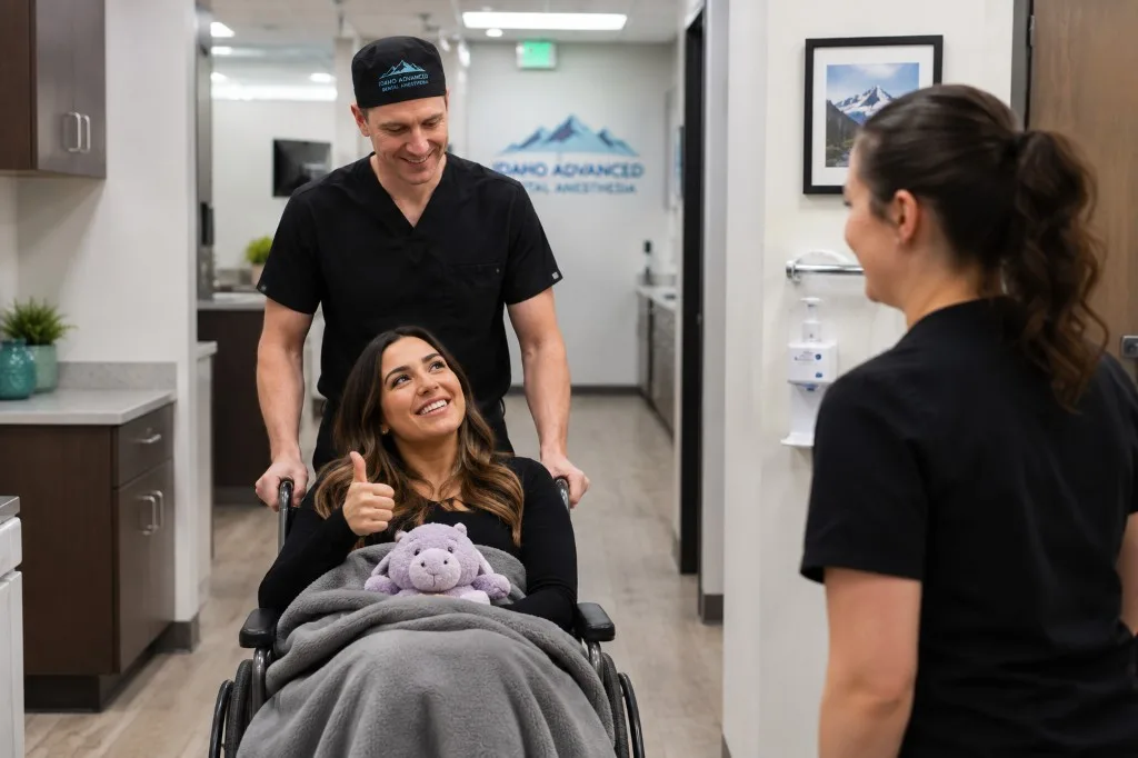 Patient giving a thumbs up while being escorted in a wheelchair after procedure