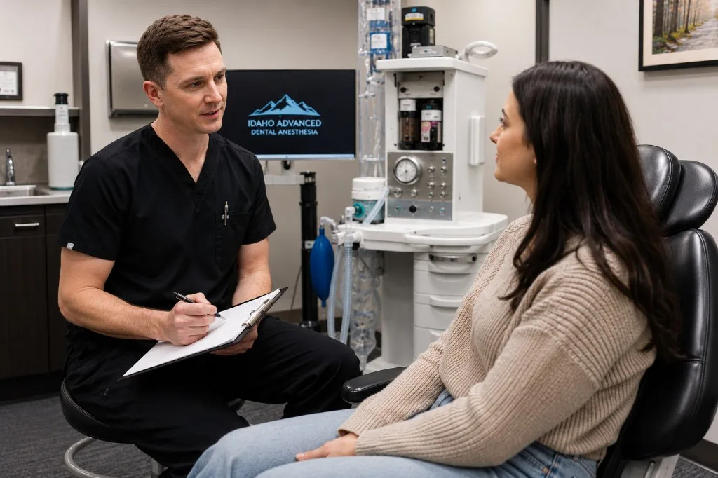Anesthesia provider reviewing care with a patient in the treatment room
